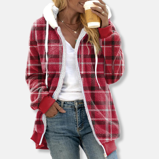 Isla Fleece Hooded Jacket | Relaxed Fit Check Print Tunic Length Jacket