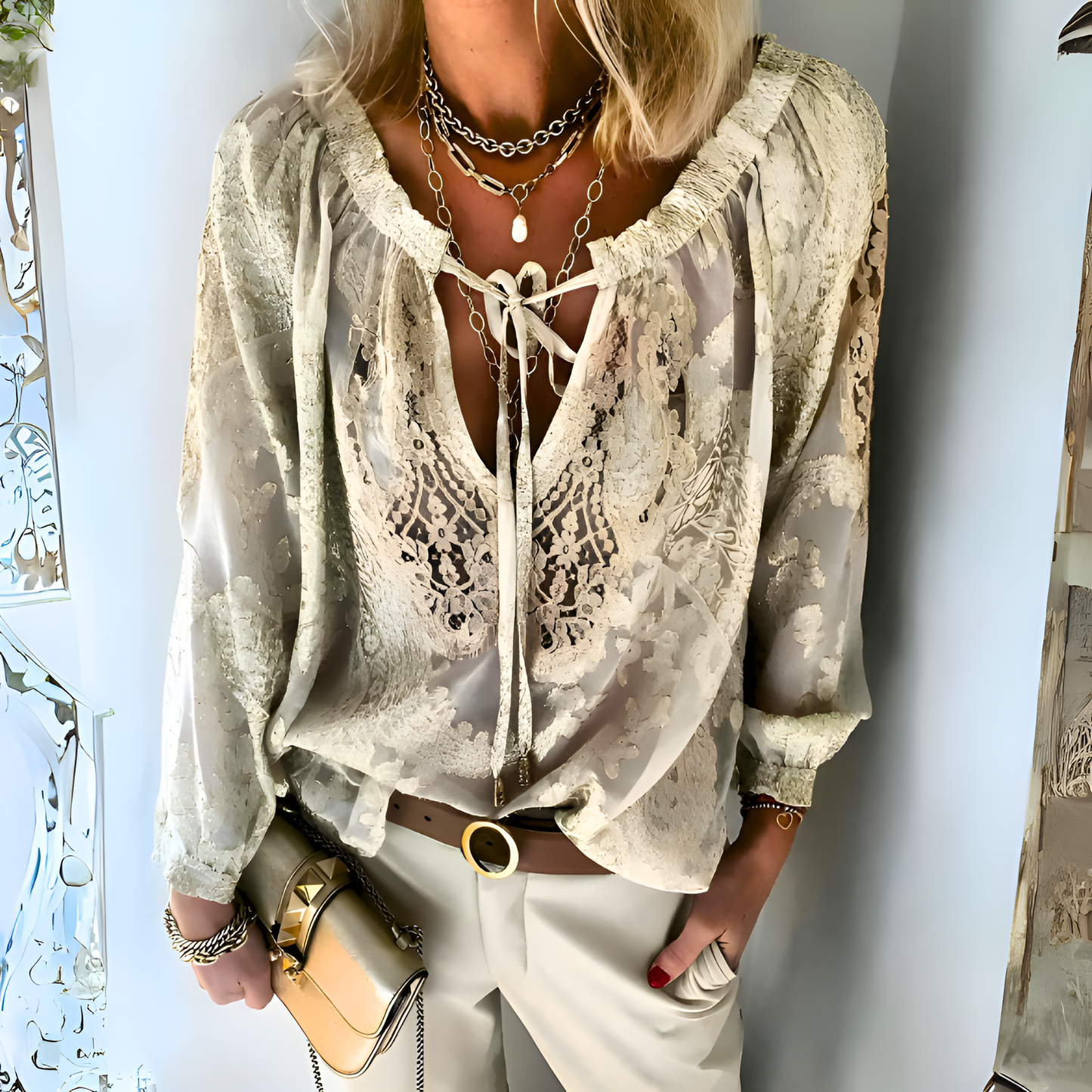 Women's Lace Blouse - Semi-Sheer Floral Pattern - Long Sleeve Loose Fit V-Neck