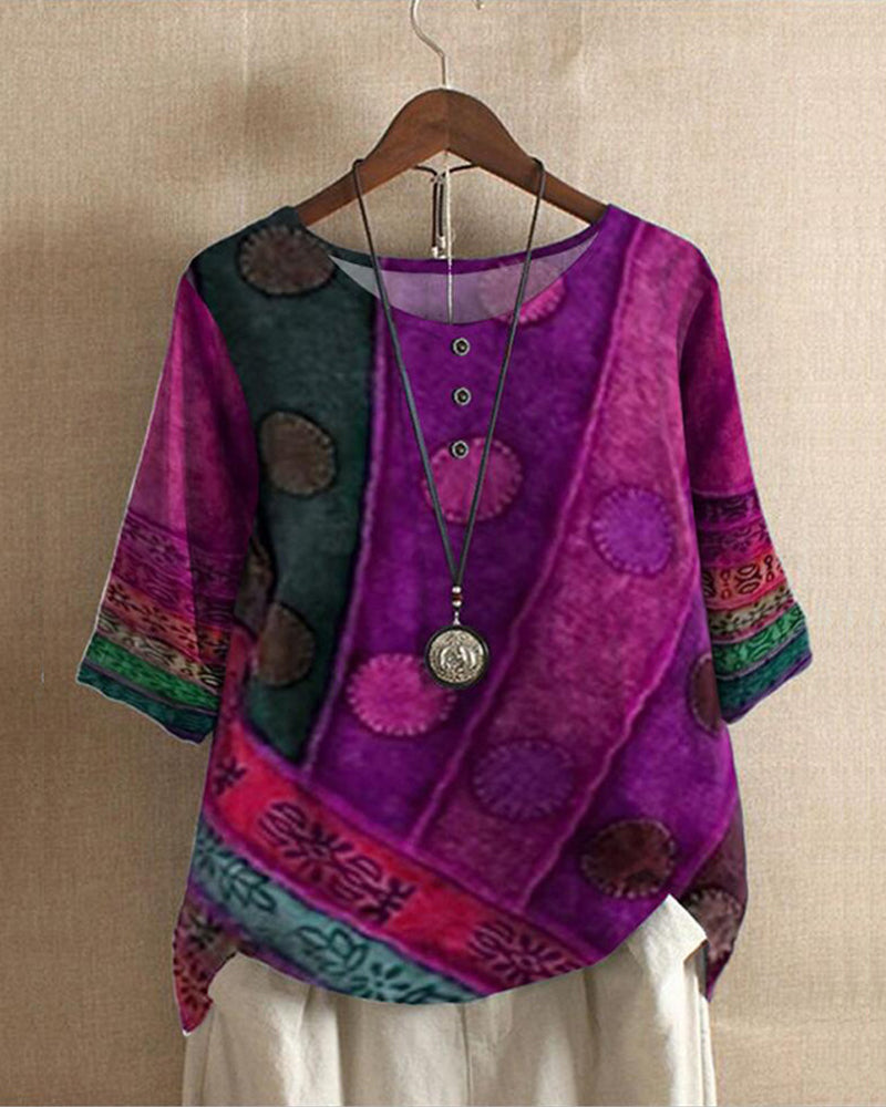 Women’s Boho Top – Relaxed Fit – Natural Fibers – Button Front – 3/4 Sleeve Patterned