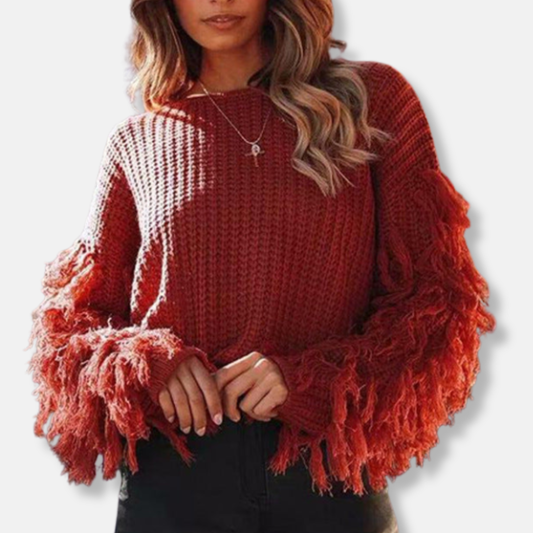 Isla Ribbed Fringe Hip-Length Sweater | Crewneck Relaxed Fit Sweater