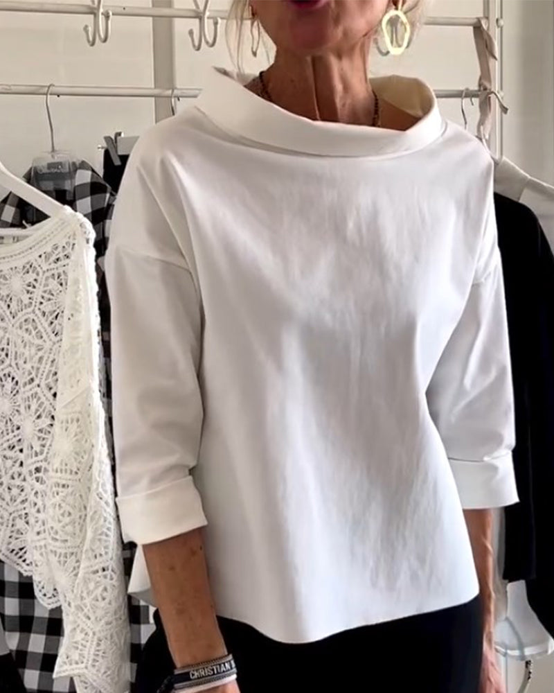 High-Neck Solid Color Long Sleeve Top