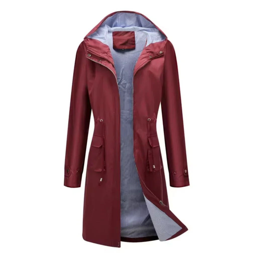 Women’s Long Hooded Jacket – Water-Resistant – Tailored Fit – Zip Front – Adjustable Waist