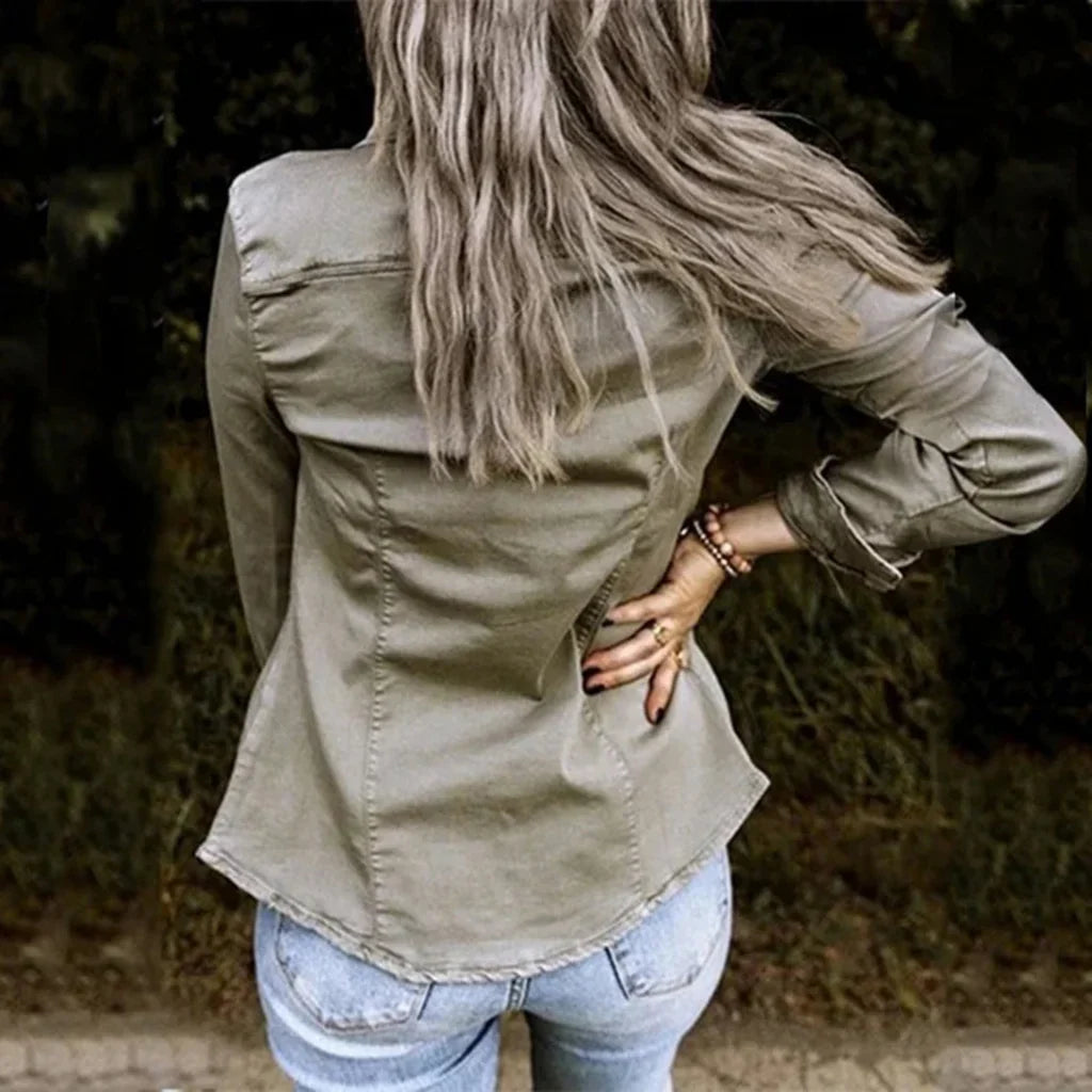 Women’s Jacket – Relaxed Tailored Fit – Denim Look – Button Front – Chest Pockets