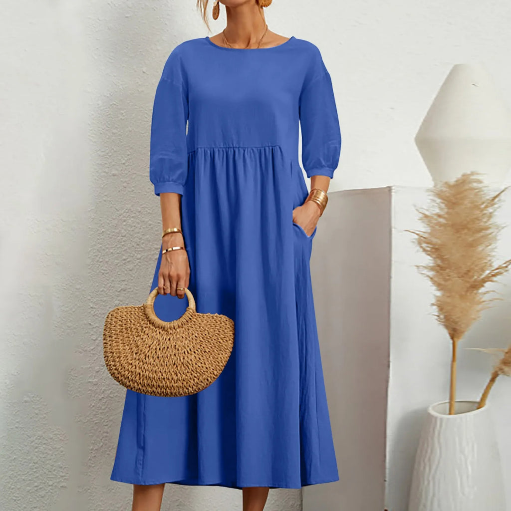 Women’s Midi Dress – Relaxed Fit – Breathable Blend – 3/4 Sleeve – Side Pockets