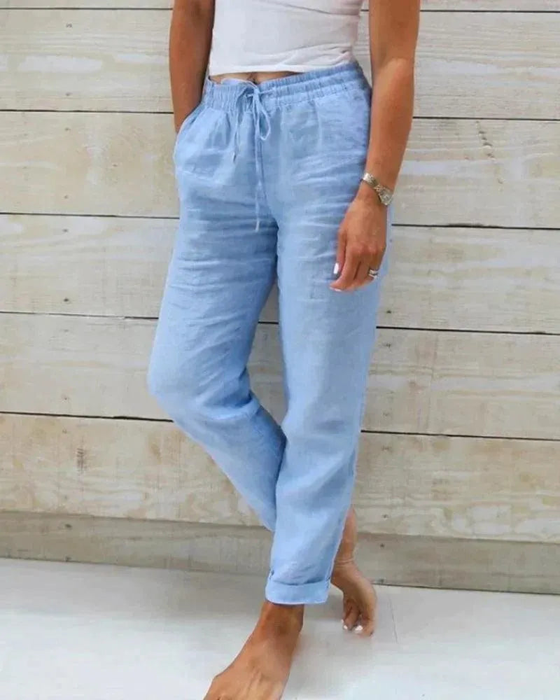 Women’s Trousers – Relaxed Fit – Elastic Waist with Drawstring – Breathable Blend – Full Length