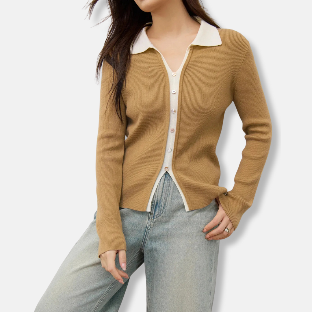 Women’s Knitted Top – Ribbed Texture – 2-in-1 Layered Look – Button Front – Long Sleeve