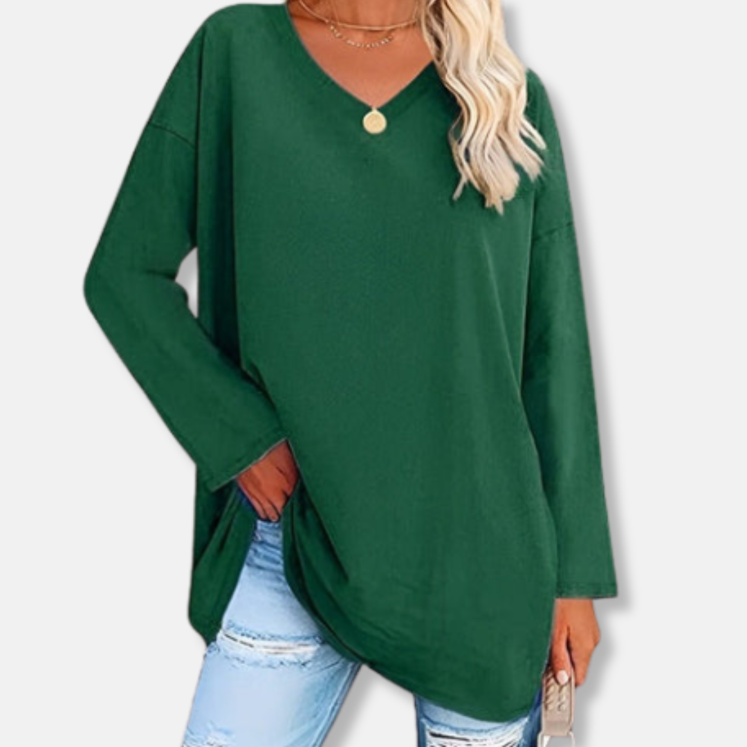 Florence Cotton Oversized V-Neck Tunic Top | Side Slits Curved Hem Tunic Top