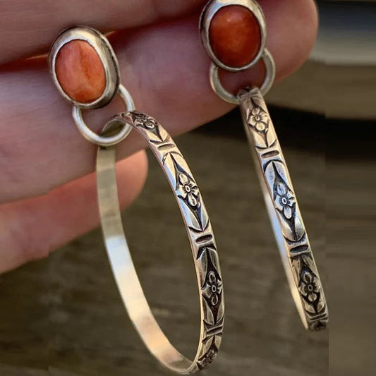 Floral Engraved Bezel-Set Stone Hoop Earrings