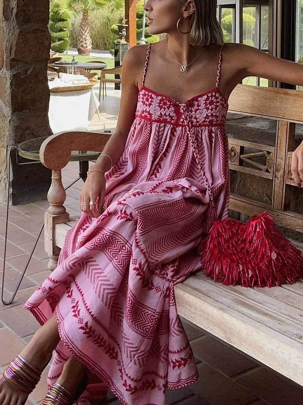 Women's Maxi Dress - Flowy Fit - Spaghetti Straps - Embroidered Bodice - Boho Style