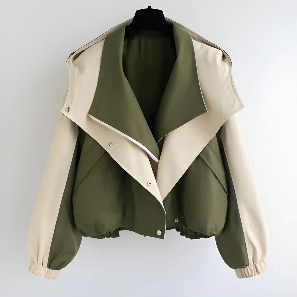 Women’s Short Jacket – Oversized Relaxed Fit – Two-Tone – Blouson Hem – Wide Lapel