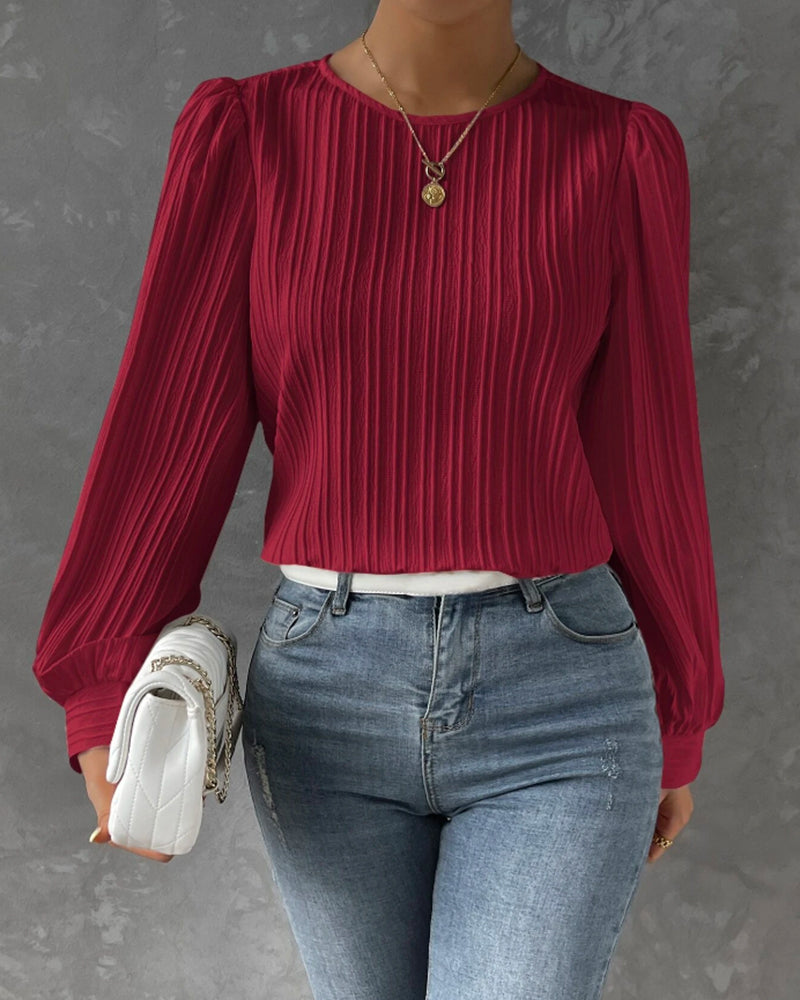 Women's Blouse - Pleated Texture - Balloon Sleeve - Crew Neck Elegant Fit