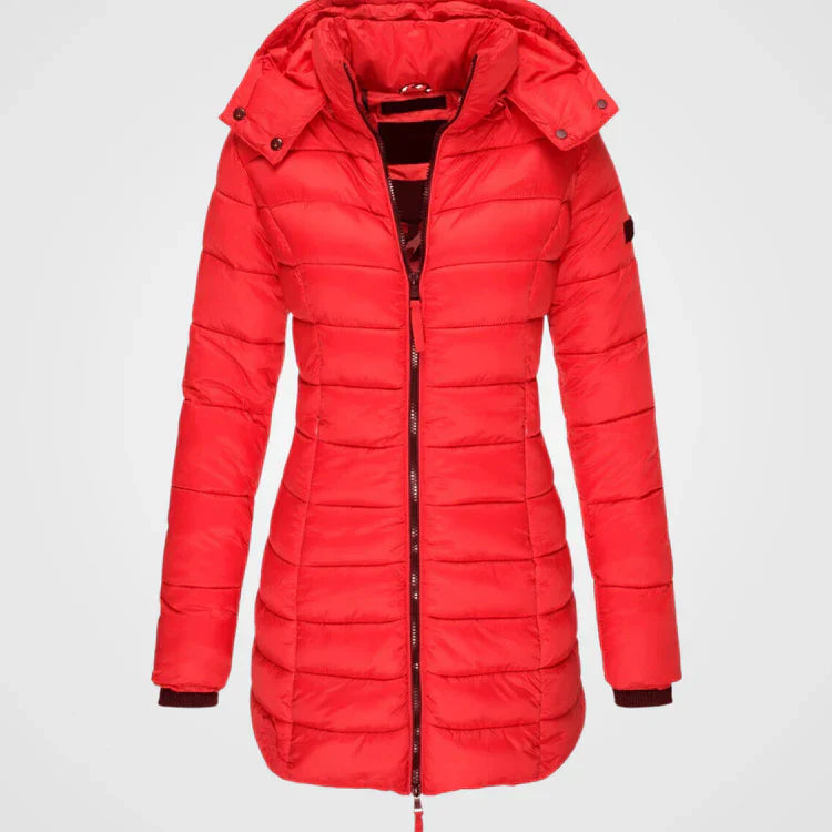 Amelia Long Puffer Jacket | Quilted Hooded Mid-Thigh Jacket