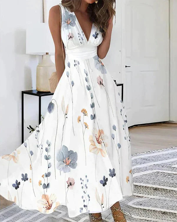 Women's Maxi Dress - Sleeveless Deep V-Neck - Floral Print - Flowy Lightweight Fit