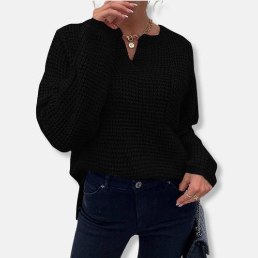 Knit Relaxed Fit Notched V-Neck Sweater