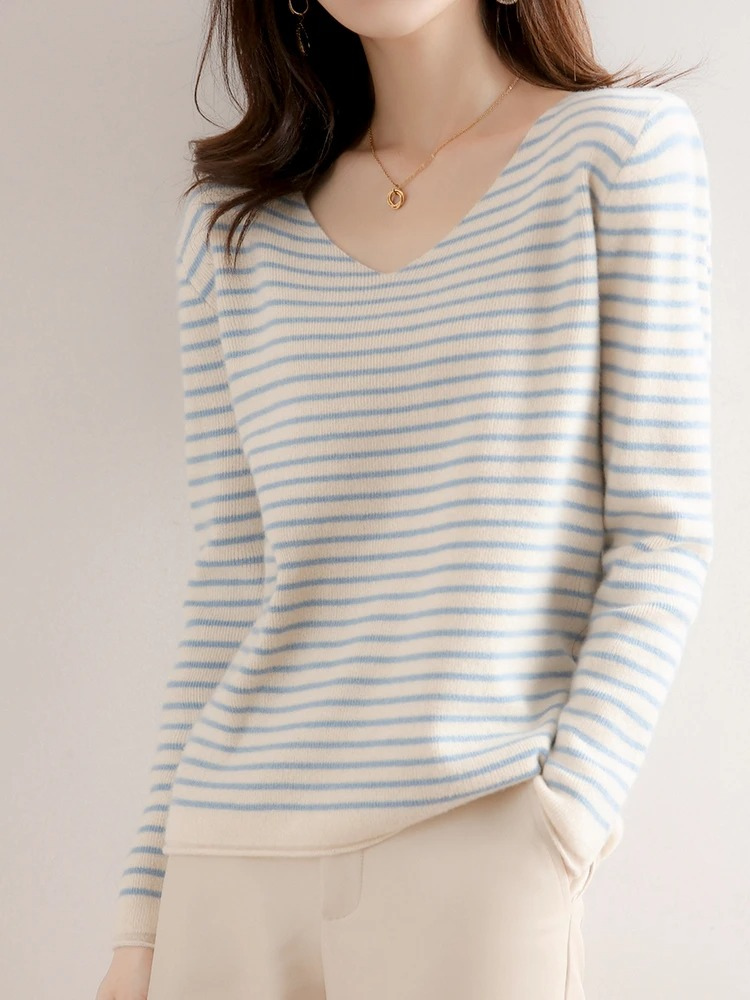 Women's V-Neck Sweater - Soft Knit - Fitted Long Sleeve - Striped Casual Wear