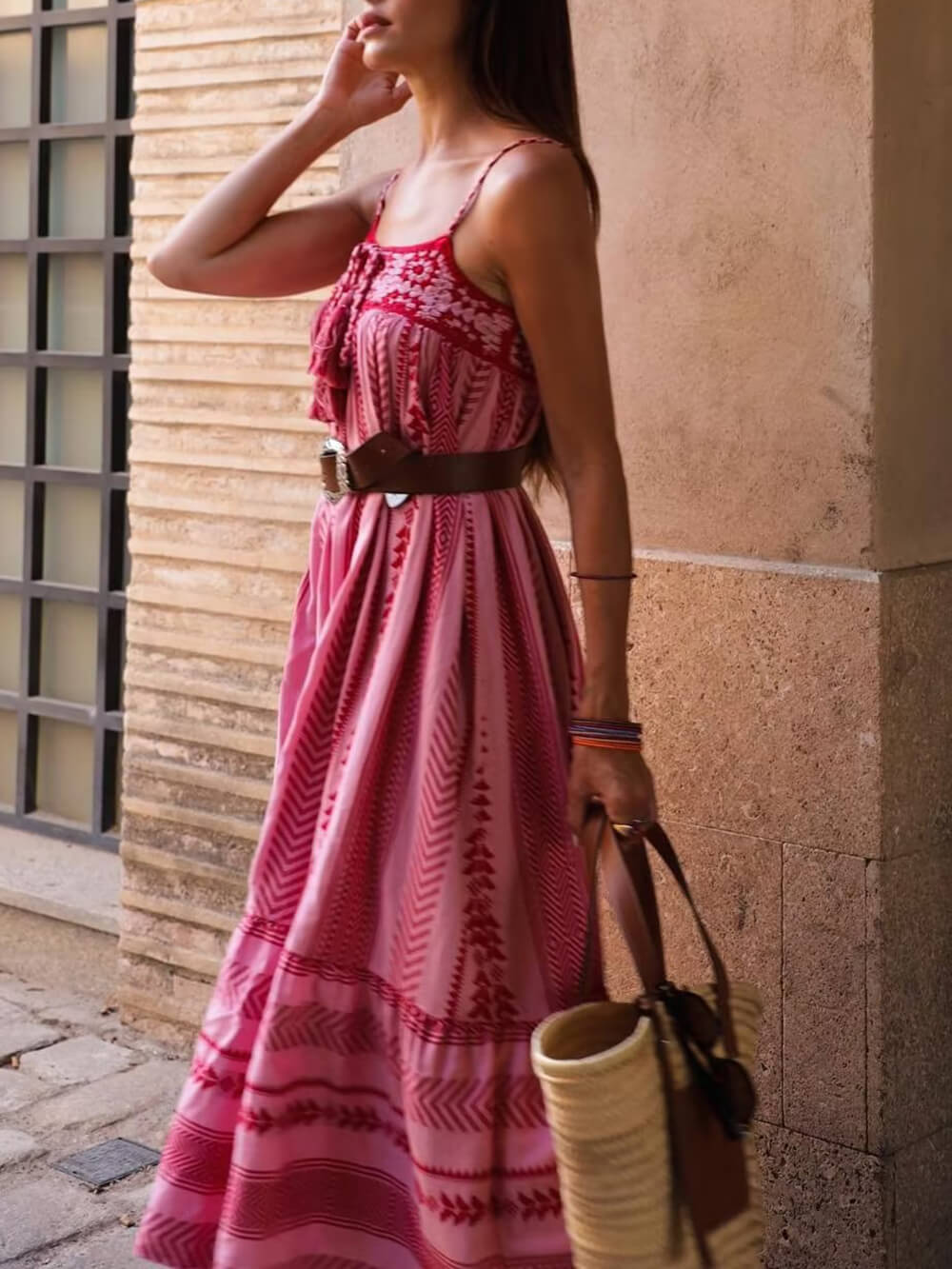 Women's Maxi Dress - Flowy Fit - Spaghetti Straps - Embroidered Bodice - Boho Style