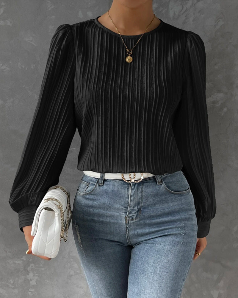 Women's Blouse - Pleated Texture - Balloon Sleeve - Crew Neck Elegant Fit