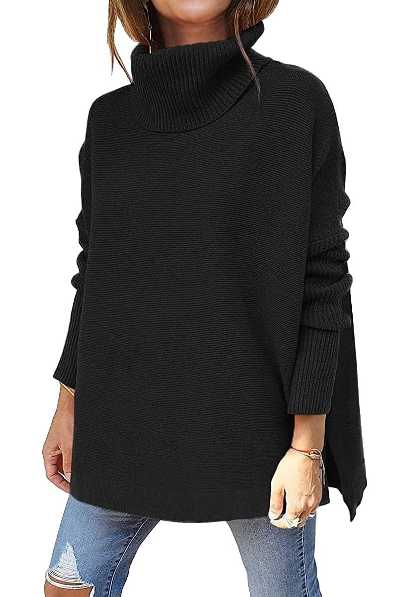 Women's mid-length high neck bat sleeve pullover sweater