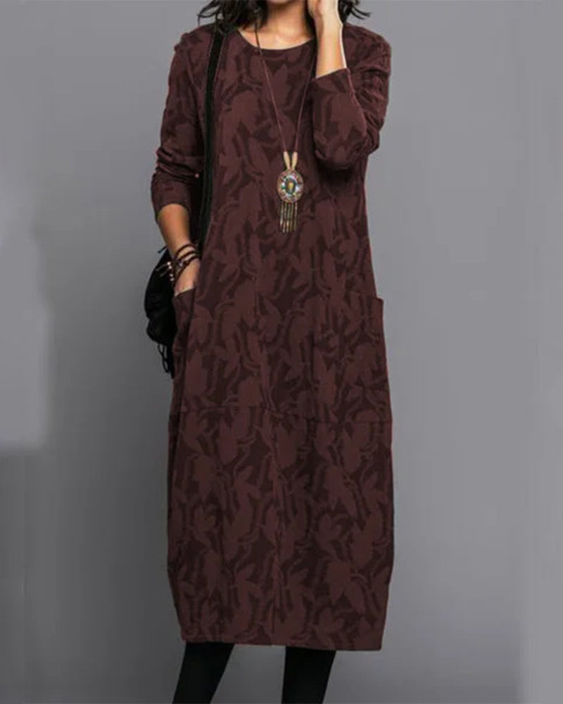 Women's Long-Sleeve Midi Dress - Loose Fit - Round Neck - Casual with Pockets