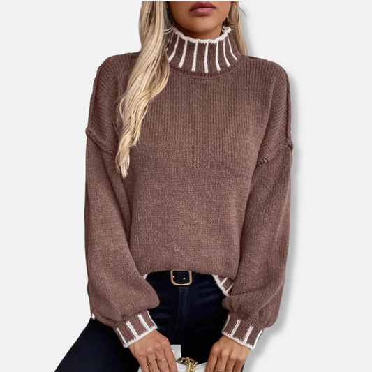 Ribbed Knit Mock Turtleneck Blouson Sleeve Sweater