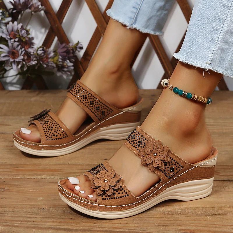 Women's Wedge Sandals - Double Strap - Floral Accents - Cushioned Sole