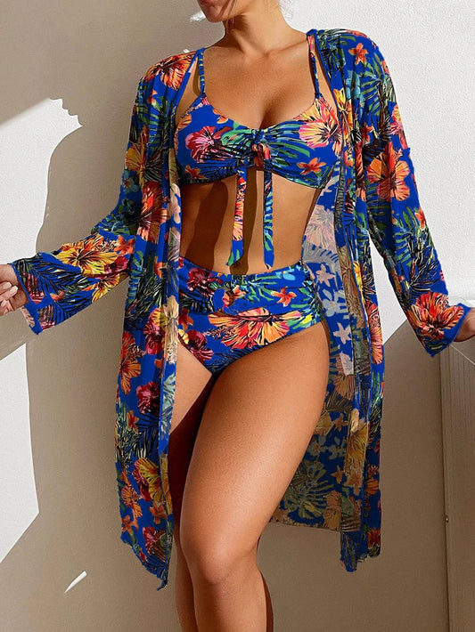 Sheer Three-Piece Bikini Set with Tie Front
