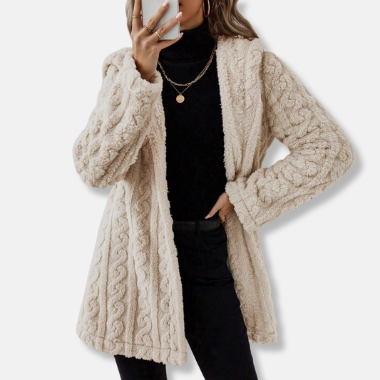 Isabella Fleece Cable Knit Cardigan Jacket | Relaxed Fit Thigh Length Cardigan Jacket