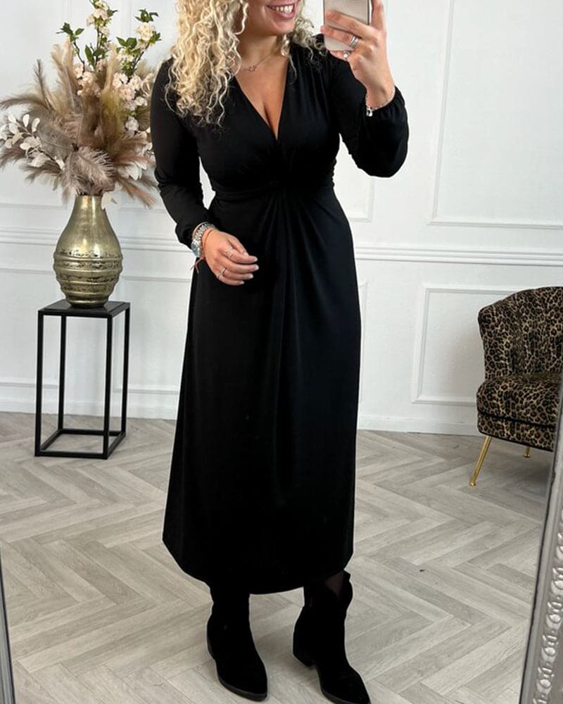 Ruched Waist Flowy V-Neck Midi Dress