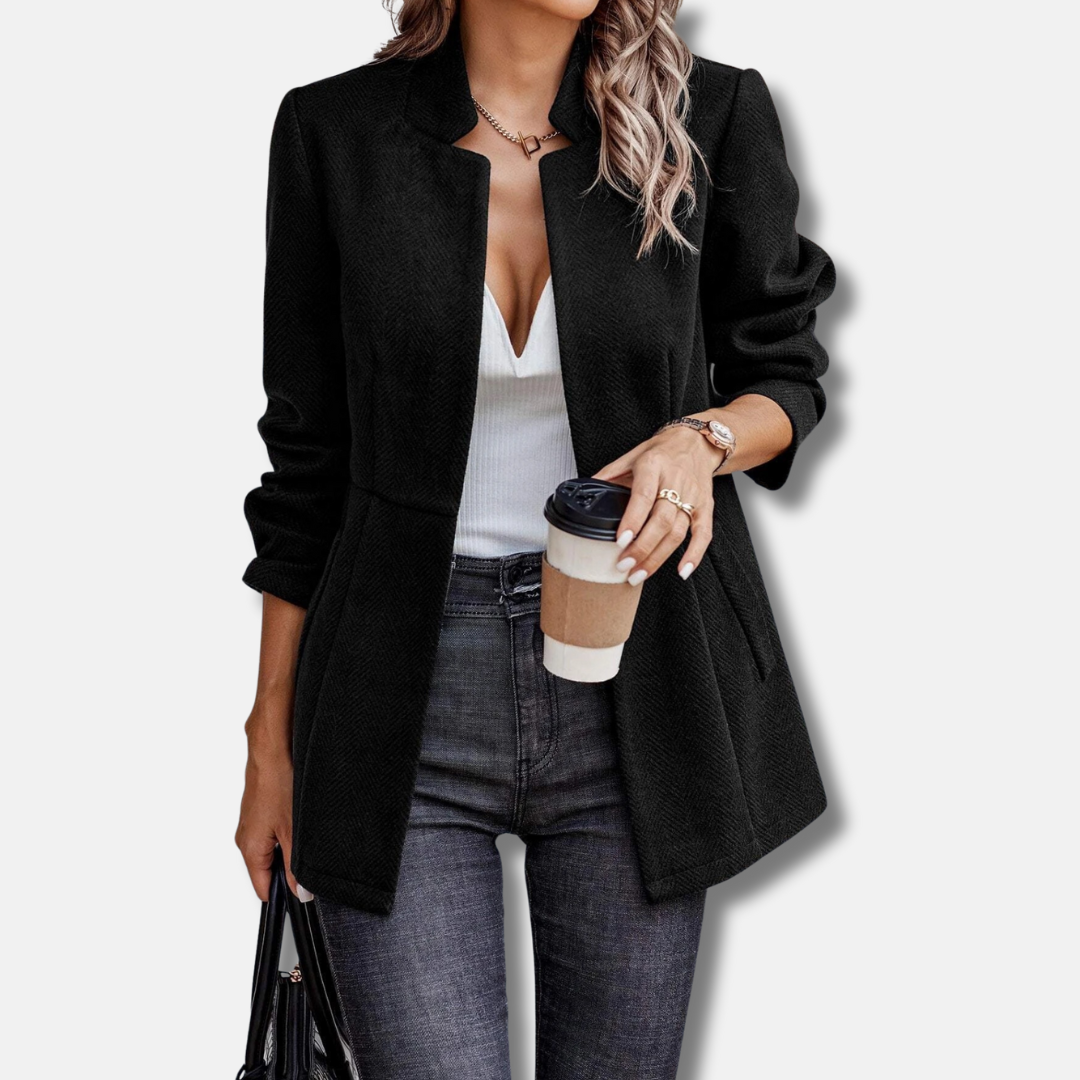 Isla Wool Structured Herringbone Blazer | Tailored Fit Stand Collar Blazer