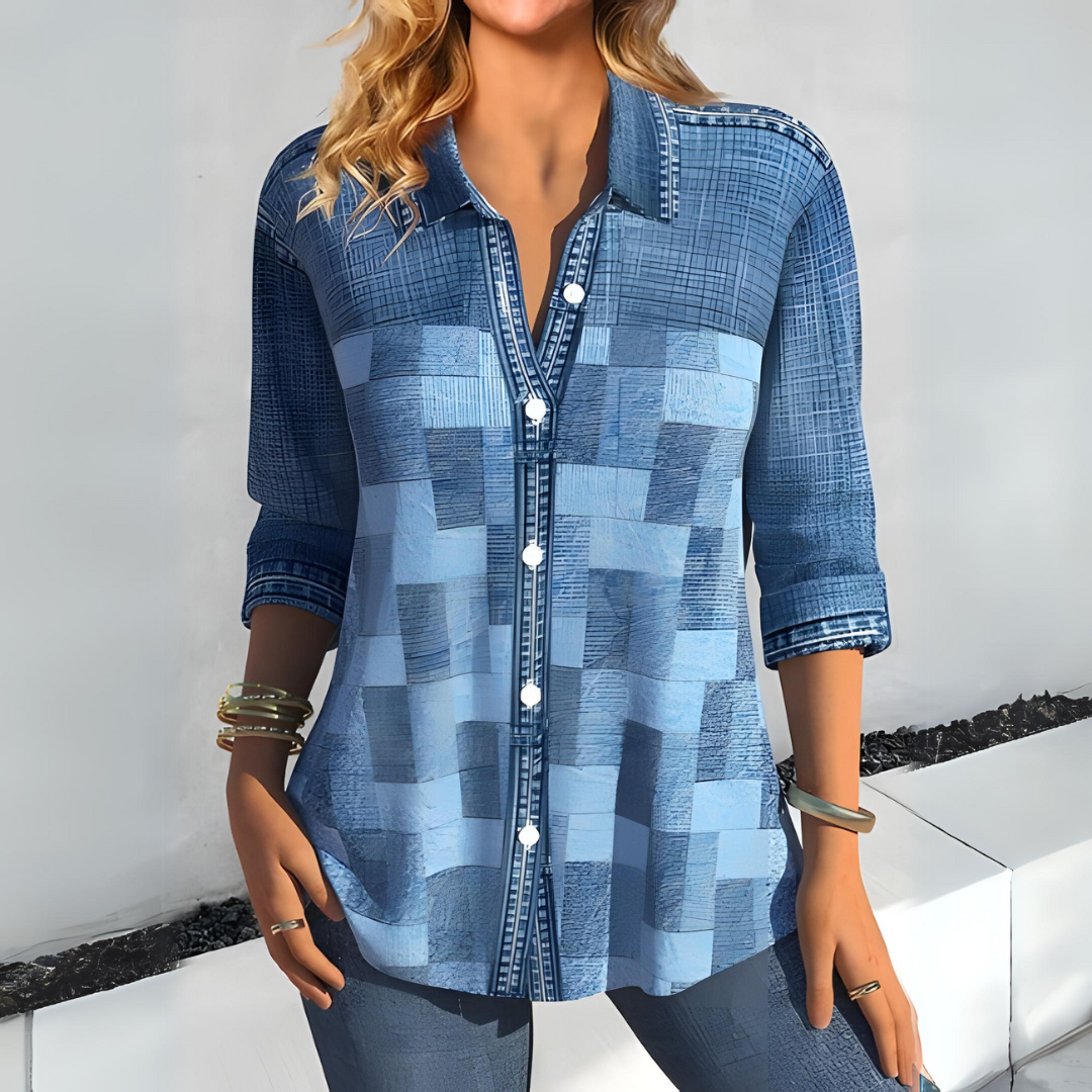 Women's Blouse - Button Down - 3/4 Sleeve - Lightweight Checkered Pattern