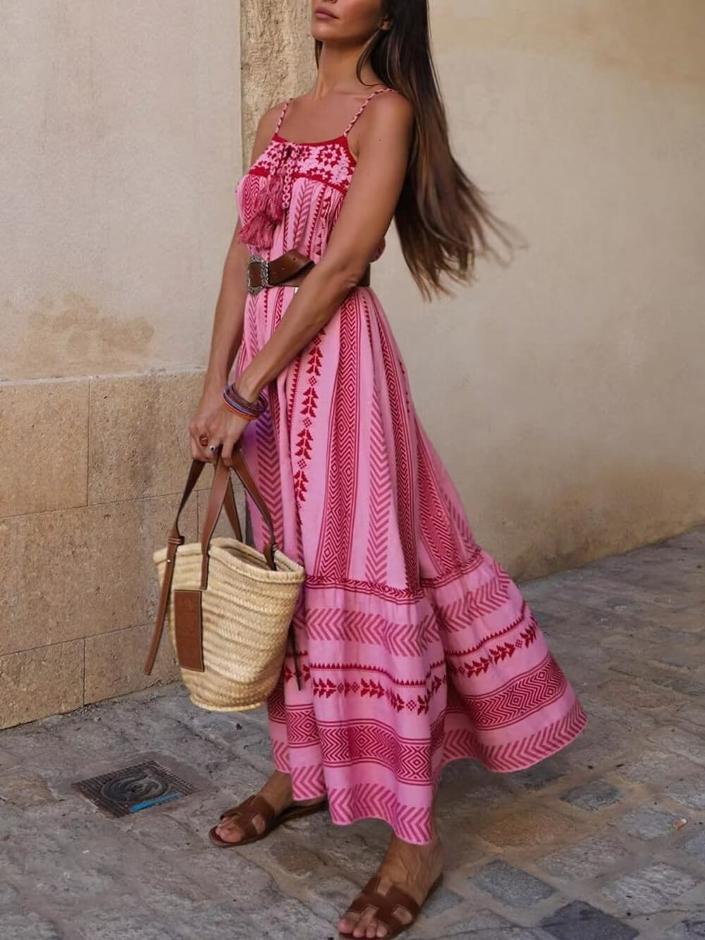 Women's Maxi Dress - Flowy Fit - Spaghetti Straps - Embroidered Bodice - Boho Style
