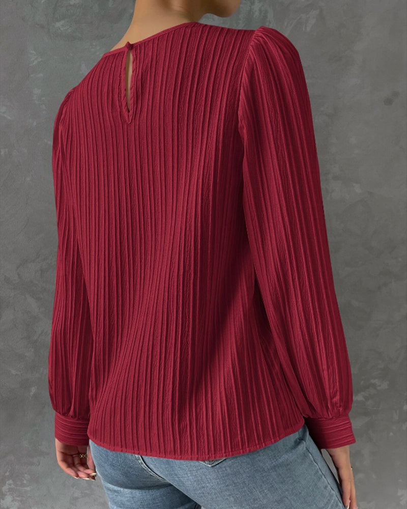 Women's Blouse - Pleated Texture - Balloon Sleeve - Crew Neck Elegant Fit