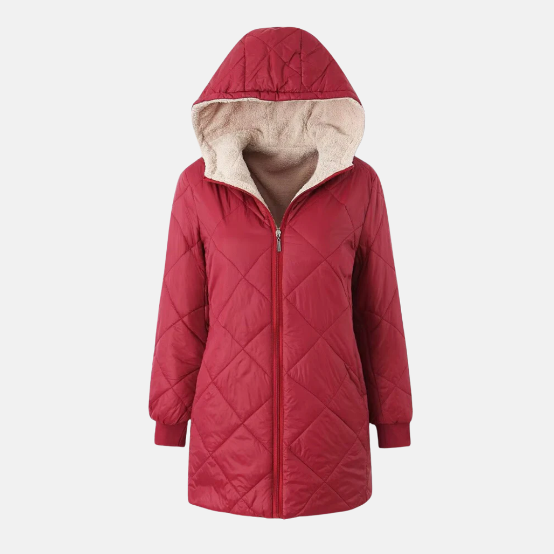Women’s Quilted Hooded Coat – Reversible – Mid Length – Plush Lined – Ribbed Cuffs