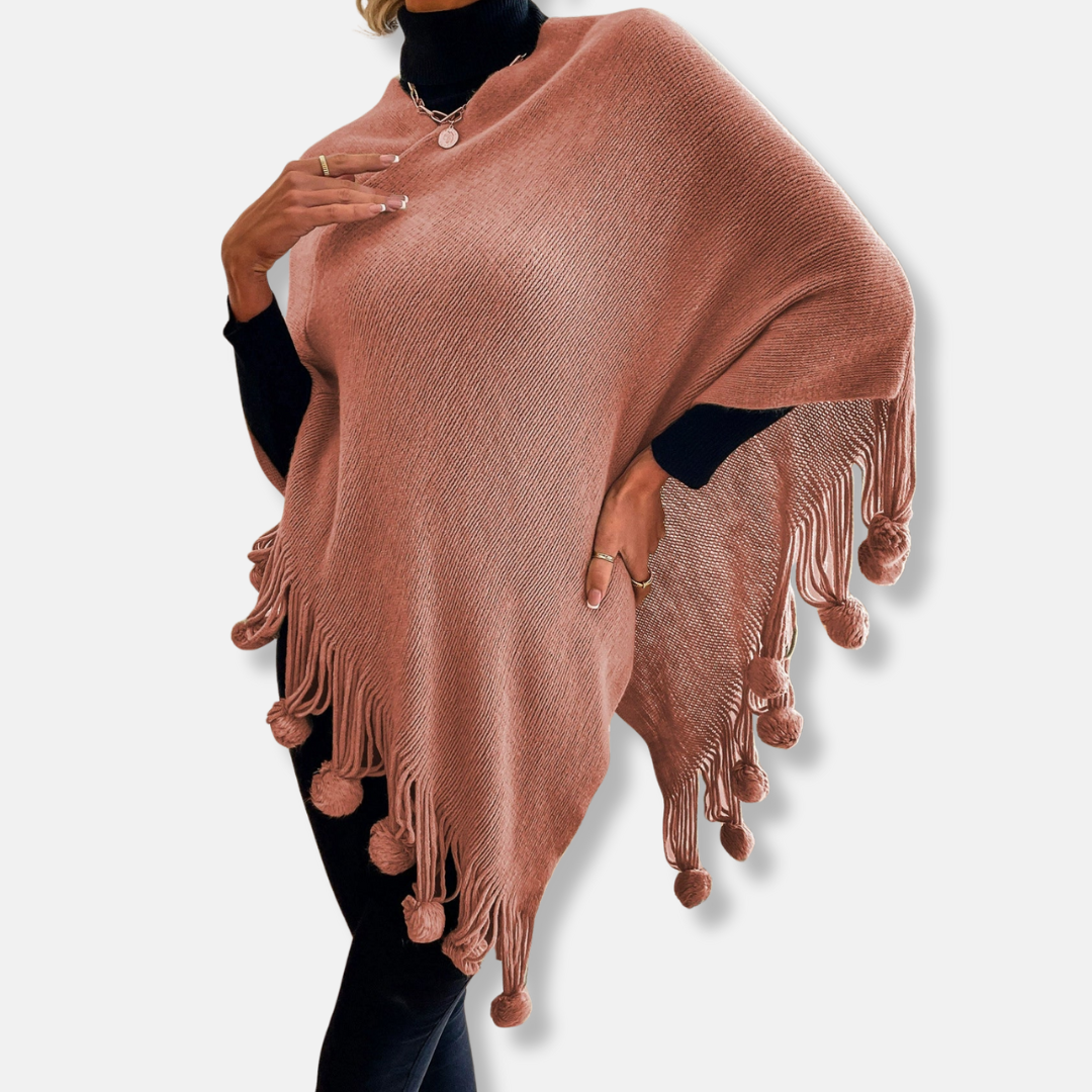Sienna Relaxed Fit Cape | Fringe Pom-Pom Trim Cape