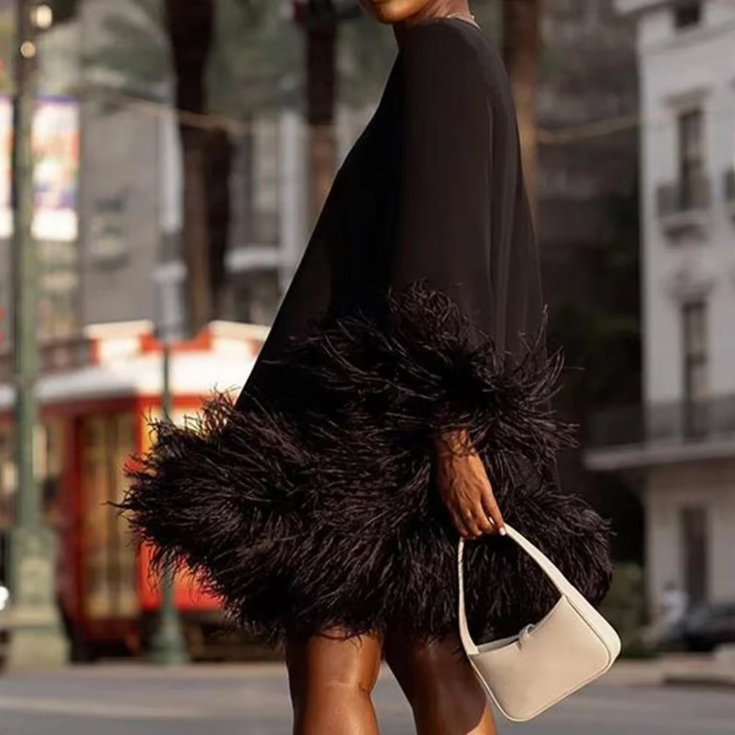 Women's A-Line Dress - Long Sleeve - Feather Cuff & Hem - Elegant Evening Wear