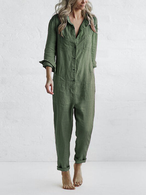 Women's Linen Jumpsuit - Button Down - Relaxed Fit - Long Sleeve - Breathable Fabric