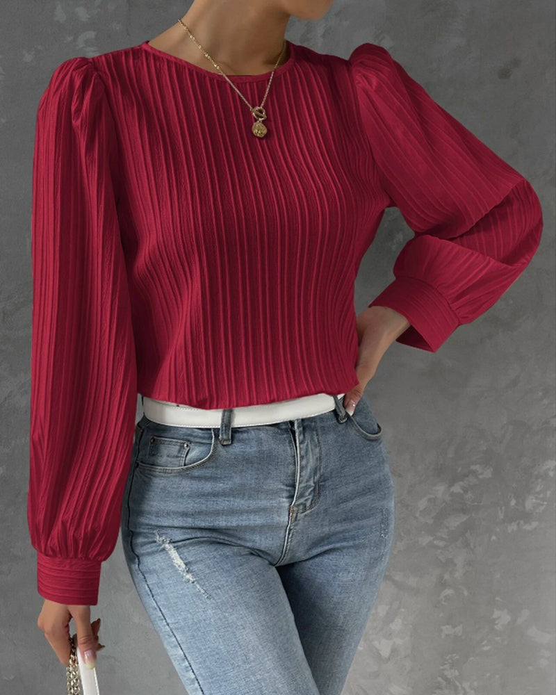 Women's Blouse - Pleated Texture - Balloon Sleeve - Crew Neck Elegant Fit