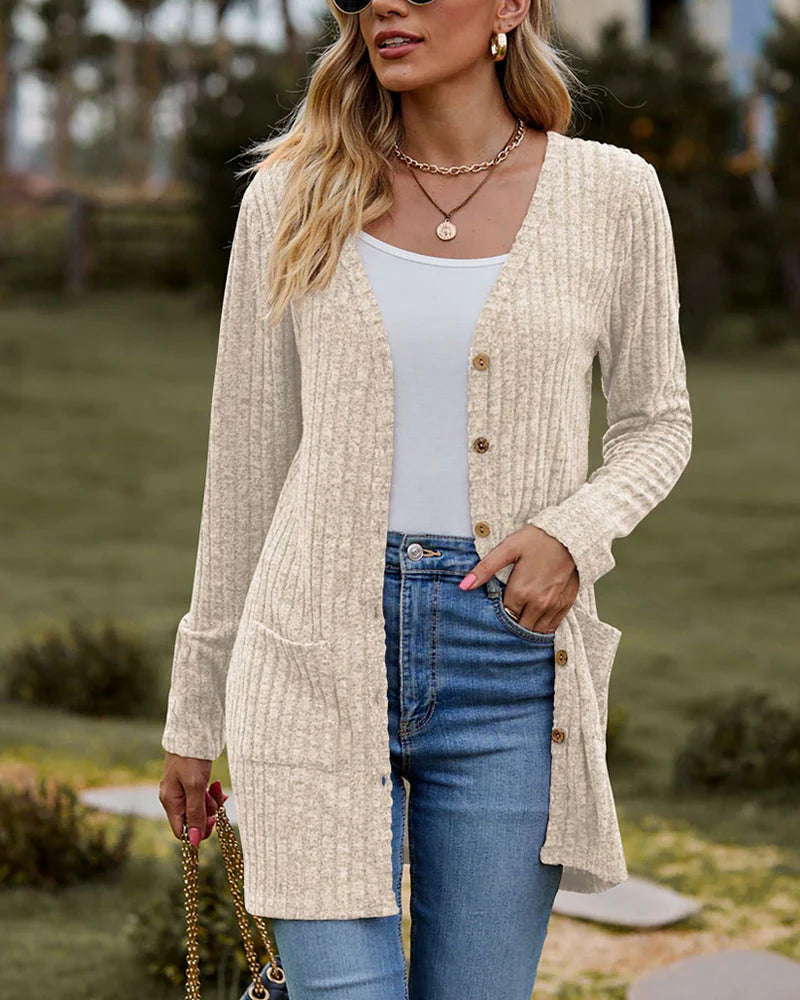 Women’s Cardigan – Relaxed Fit – Ribbed Knit – Button Front – Mid-Thigh Length – Pockets