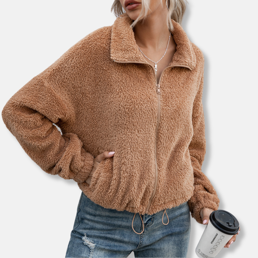 Sienna Fleece Cropped Relaxed Fit Jacket | Collared Long Sleeve Jacket