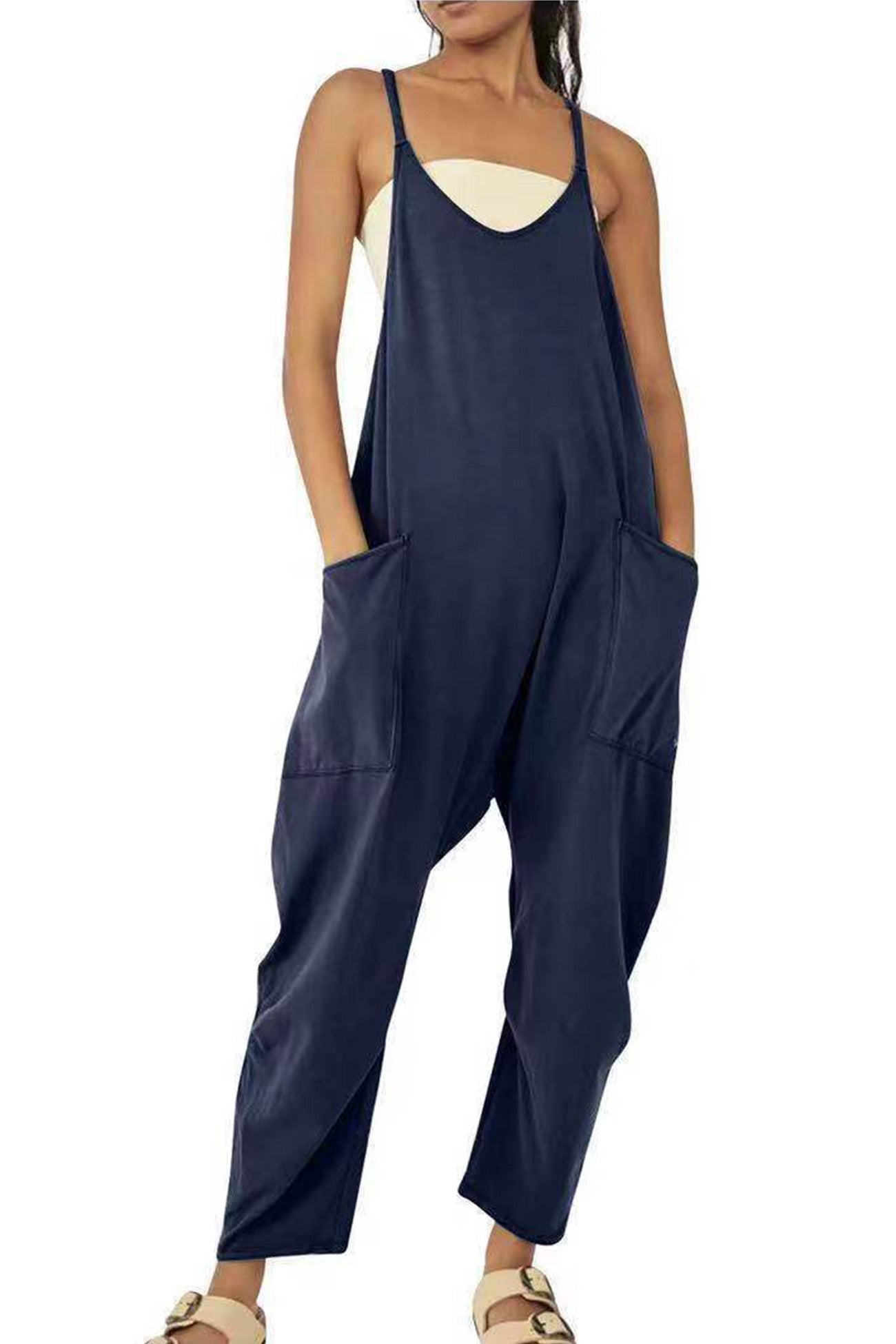 Women's Jumpsuit - Loose Fit - Adjustable Straps - Wide-Leg with Large Pockets