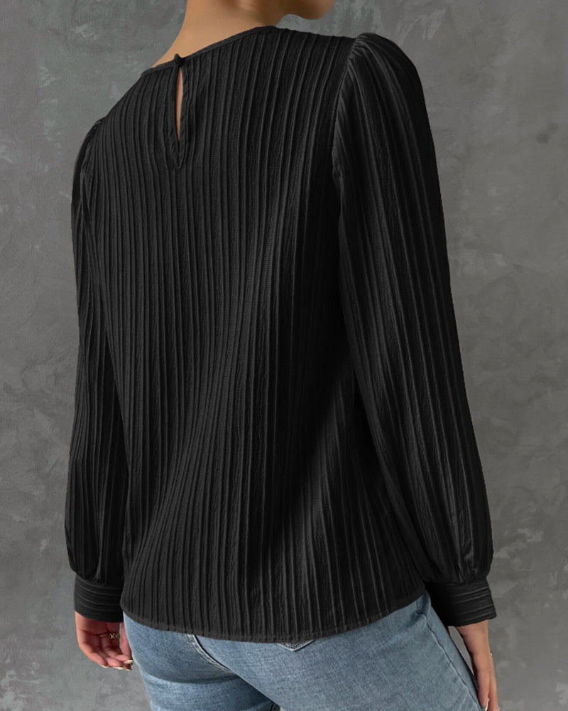 Women's Blouse - Pleated Texture - Balloon Sleeve - Crew Neck Elegant Fit