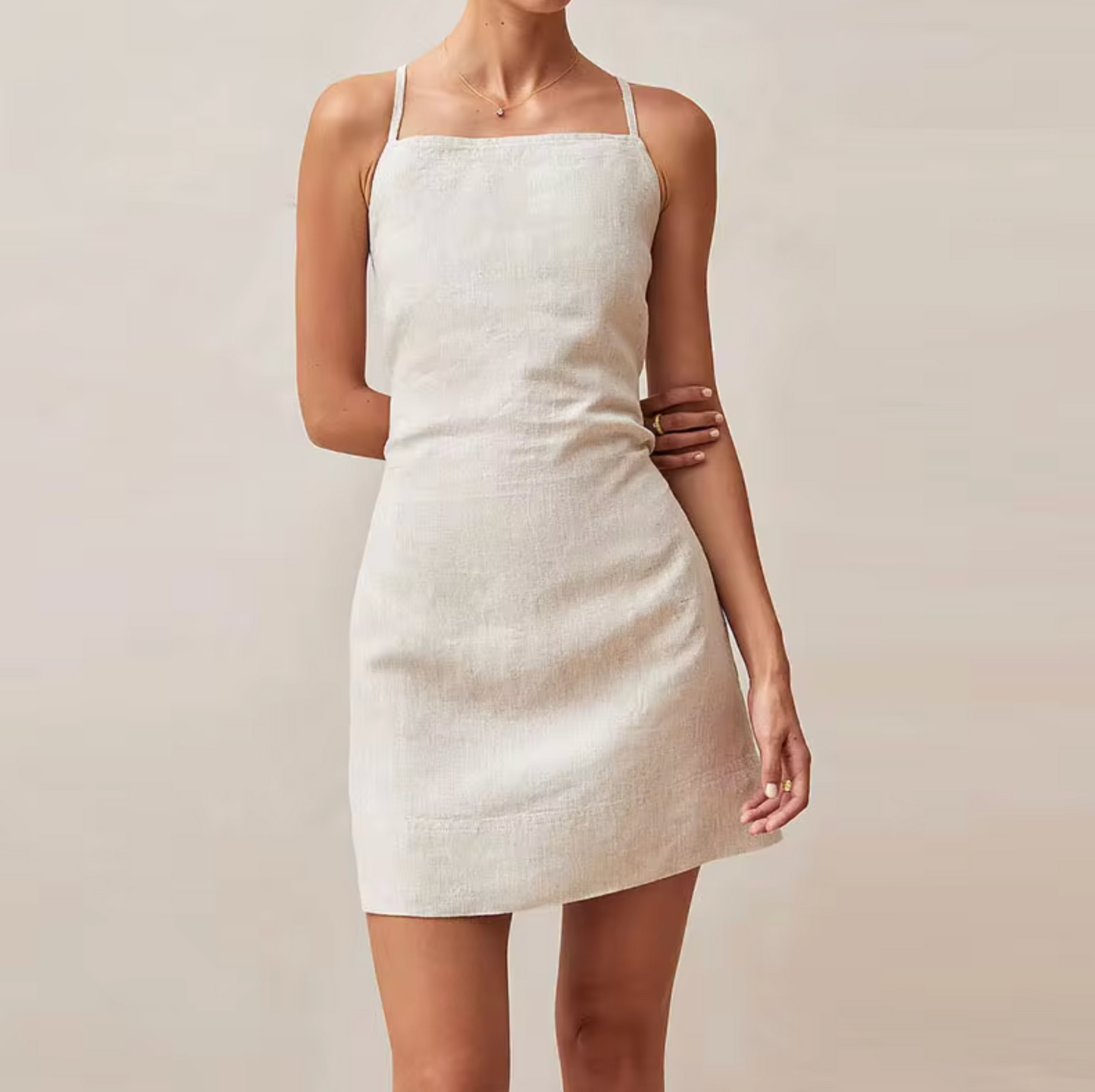 Women’s Linen Slip Dress - Square Neck - Spaghetti Straps - Elegant Minimalist Fit