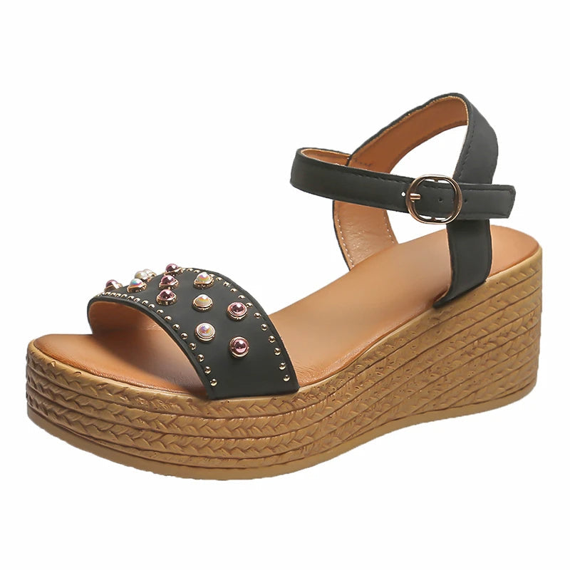 Women's Wedge Sandals - Adjustable Ankle Strap - Studded Forefoot - Comfortable Heel