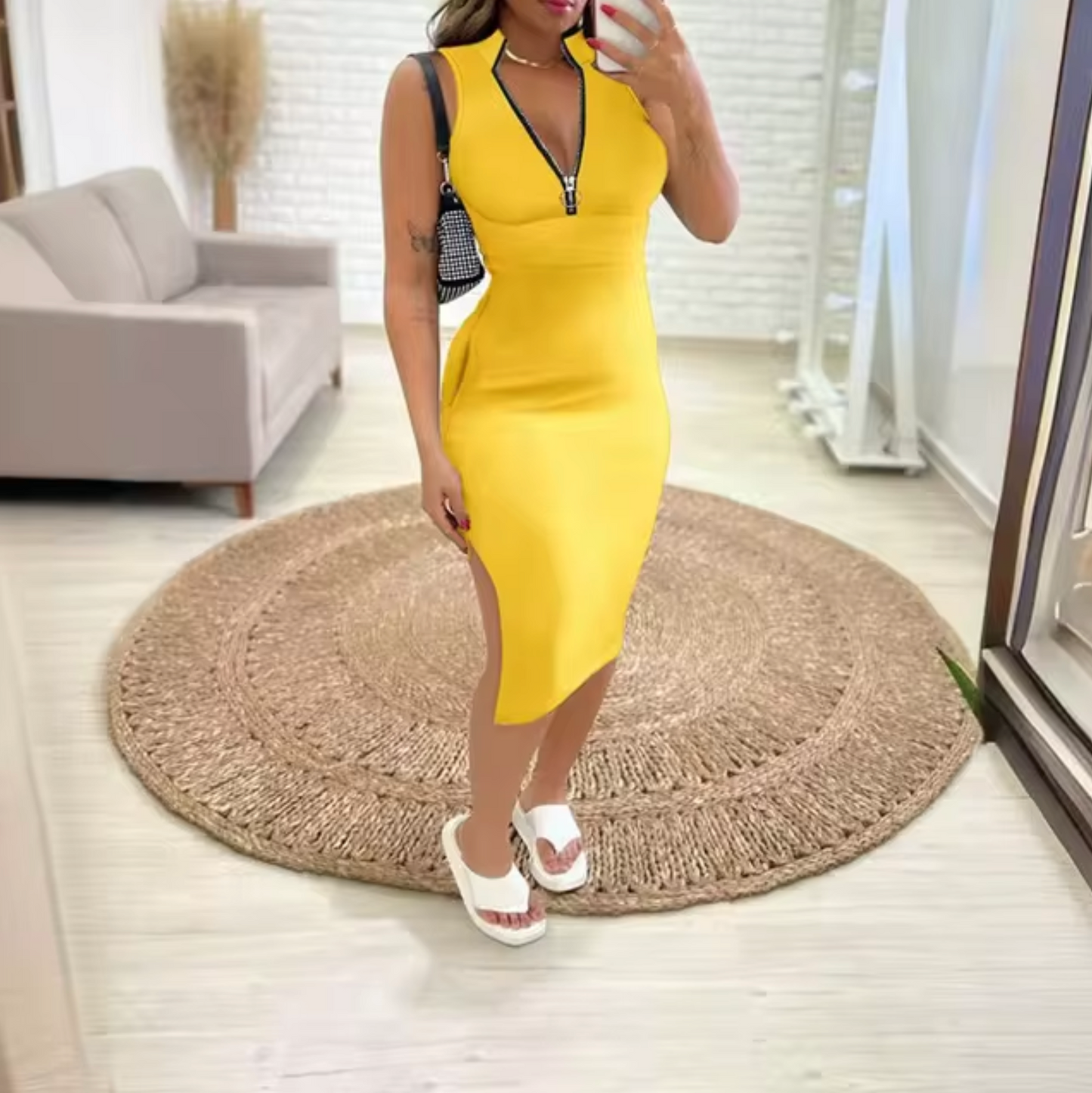 Women’s Bodycon Dress - Sleeveless V-Neck - Front Zipper - Form-Fitting Pencil Cut