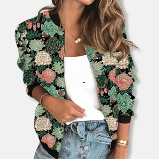 Isabella Relaxed Fit Bomber Jacket | Succulent Print Ribbed Collar Bomber Jacket