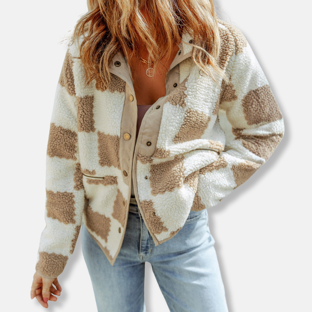 Isla Fleece Relaxed Fit Sherpa Jacket | Collared Check Sherpa Jacket