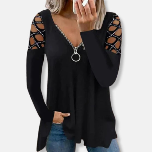 Isabella Tunic Top | V-Neck Zipper Long Sleeve Tunic Top