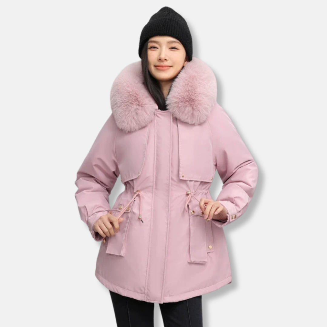 Women’s Parka Jacket – Water-Resistant – Faux Fur Collar – Adjustable Waist – Mid-Thigh Length