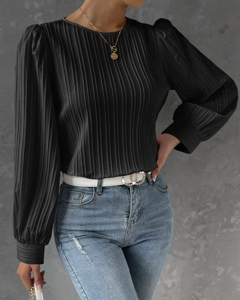 Women's Blouse - Pleated Texture - Balloon Sleeve - Crew Neck Elegant Fit