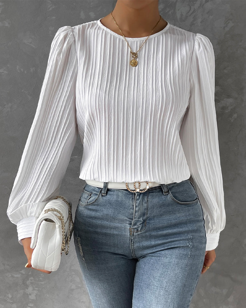 Women's Blouse - Pleated Texture - Balloon Sleeve - Crew Neck Elegant Fit